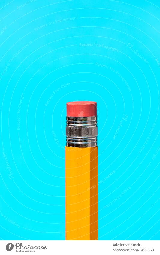 Bright yellow pencil with eraser on top in blue studio rubber bright education object background stationery wooden concept school color vivid red creative