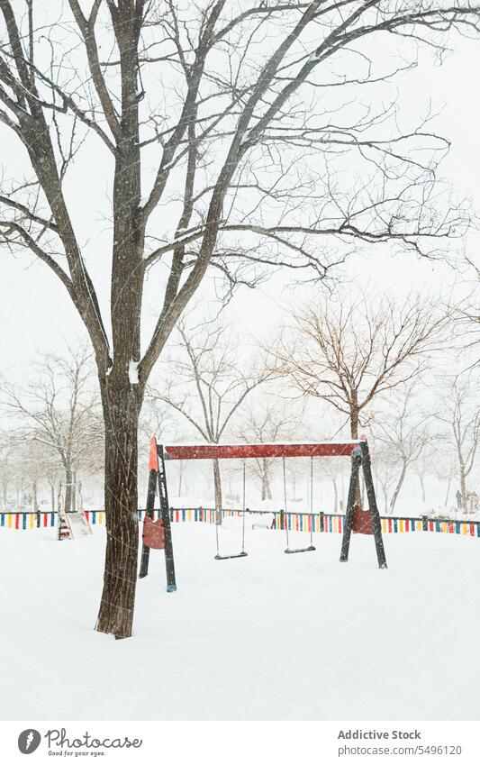 Swings on playground in winter park swing cold snow tree public leafless overcast gloomy slide season frozen wintertime plant freeze branch trunk vegetate fence