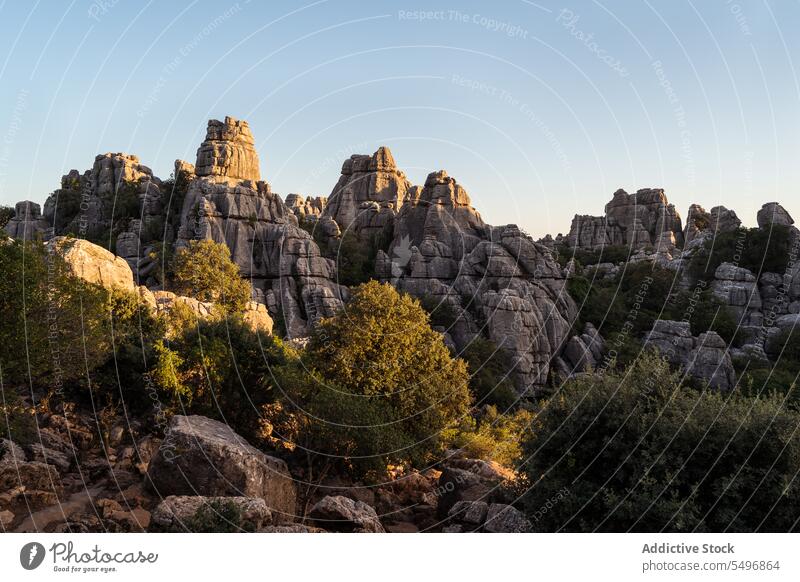 Mountainous terrain with green valley mountain meadow sierra del torcal wonderful landscape high peak el torcal de antequera malaga spain hill rocky rough