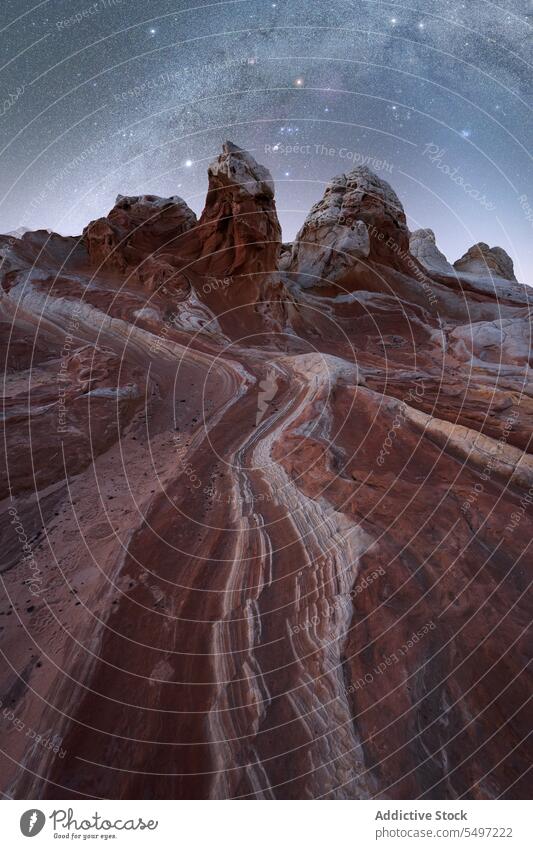 Rocky mountains in American desert under glowing Milky Way rocky milky way magnificent landscape location rough majestic geology cold spectacular peak