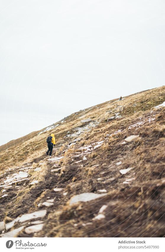 Unrecognizable hiker with backpack climbing rocky dry grass hill in daylight traveler trekking countryside nature landscape summer blue sky explore adventure