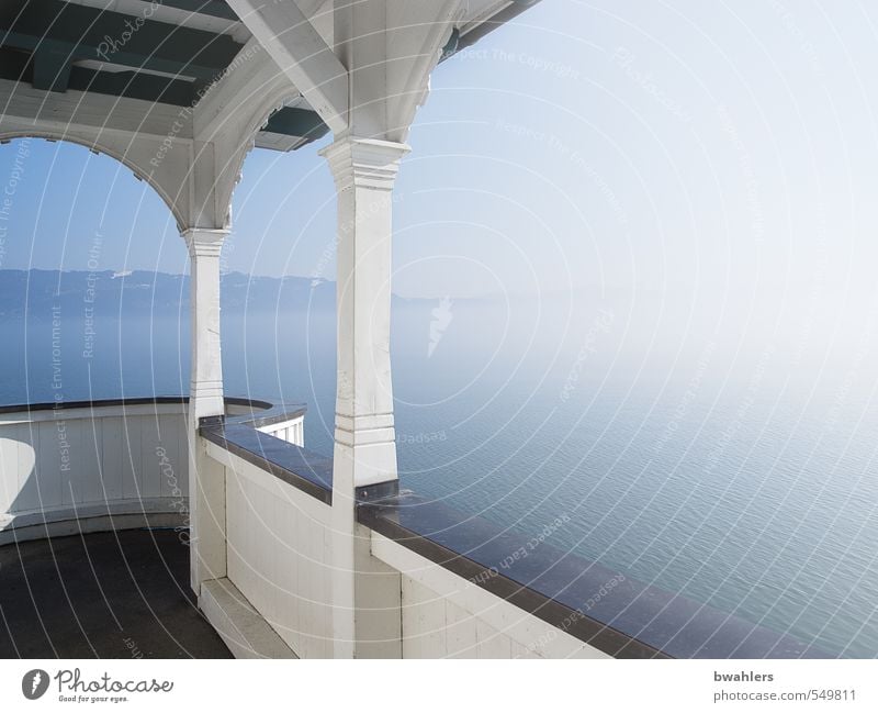 outlook Nature Water Sky Cloudless sky Sun Sunlight Winter Weather Beautiful weather Fog Lakeside Lake Constance Building Balcony panoramic terrace Blue White