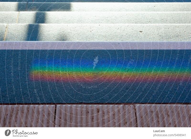 Rainbow on the stairs Stairs stagger Light Shadow variegated Multicoloured Prismatic colors spectral colors Spectral colors of sunlight Prismatic colour