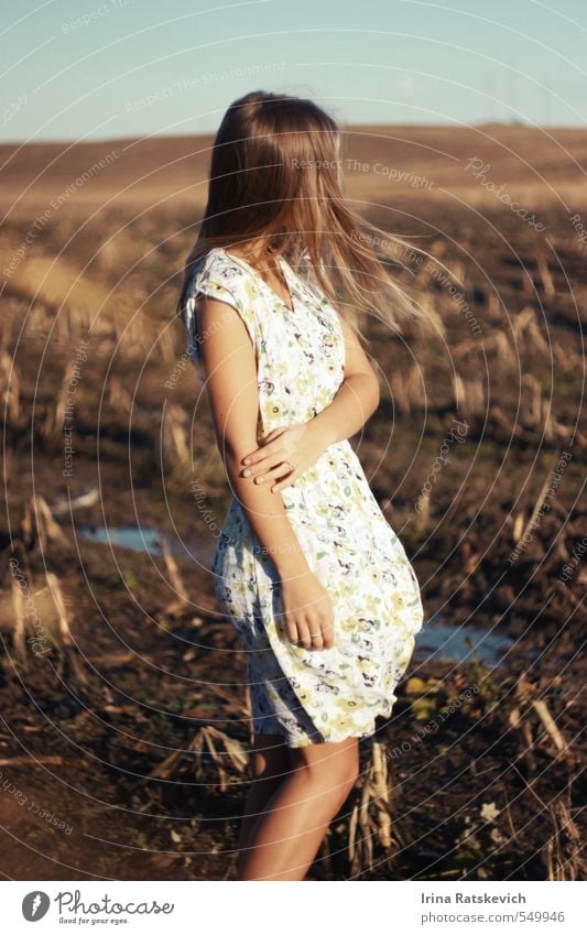 girl on the field with flying hair Young woman Youth (Young adults) Hair and hairstyles Hand Fingers Legs 1 Human being 18 - 30 years Adults Landscape Sky