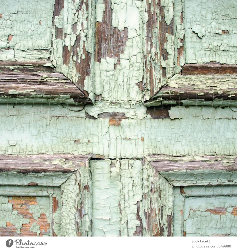 ALT + PLUS door wood Sharp-edged Simple Near turquoise Decline Past Destruction Varnish Layer of paint Flake off Crucifix Old Ravages of time Weathered