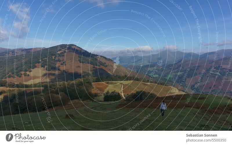 Hiking in beautiful basque countryside with meadow on the hill at the spanish french border near Beartzun, Navarre, Spain hiking landscape mountain pasture