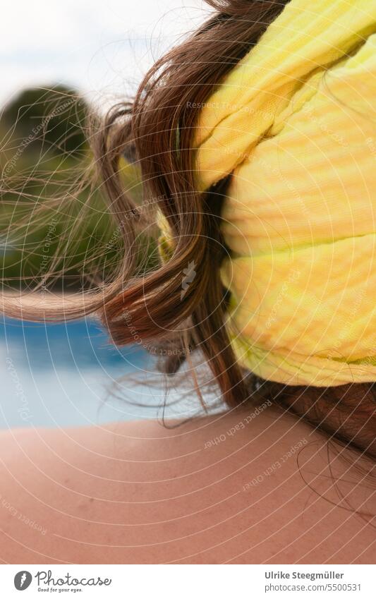 Brown hair with yellowcloth summer hairstyle Summer pool Blue be afloat relax relaxation vacation Yellow Headdress Rag Back Skin brown hair free time Woman Man