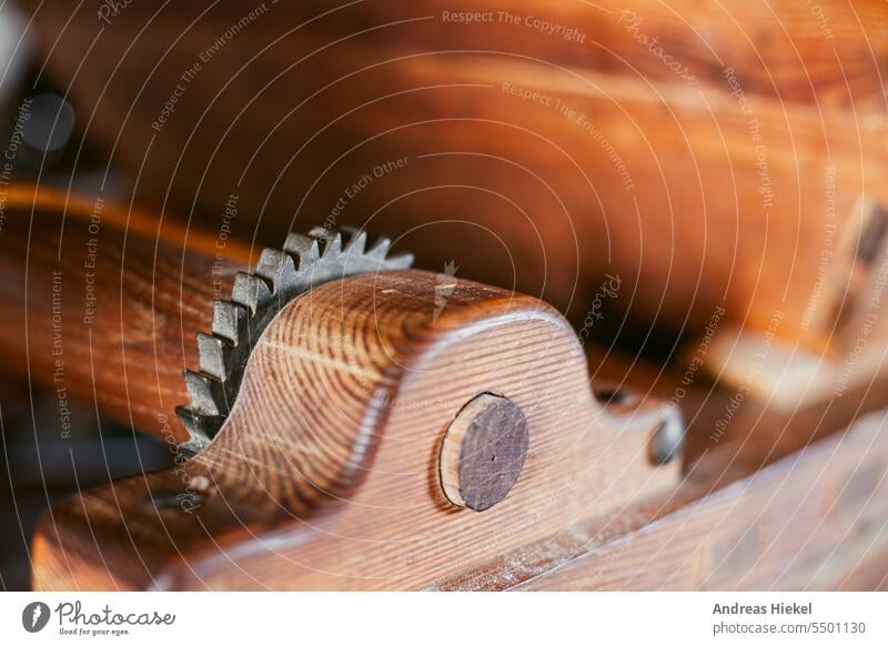 Gear wheel of an old mechanism Gearwheel Gear unit Engineering Wood Saw mill Mill Mechanics technique Analog Force Impulsion wave