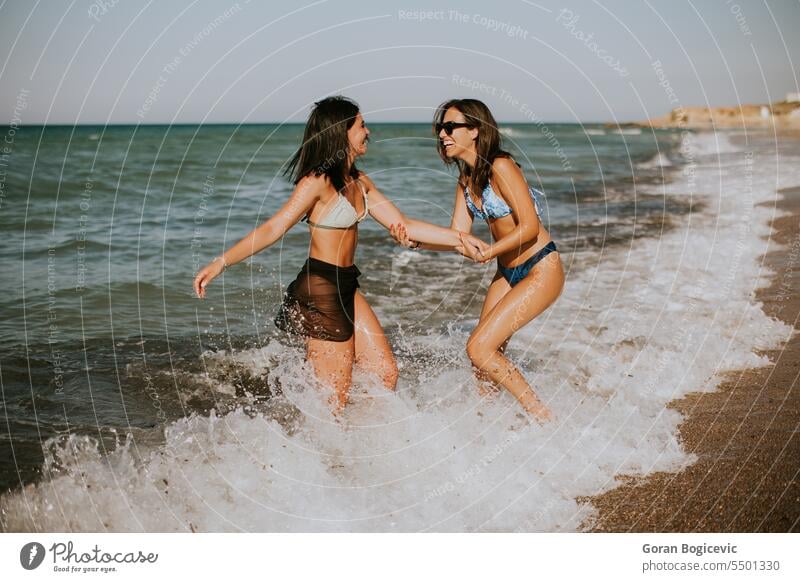 Two pretty young woman having fun on the seaside adult beach beautiful bikini carefree cheerful enjoy enjoyment female free time friends friendship happiness