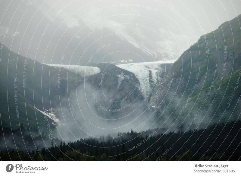 Alaska | Glacier in fog Glacier tongue Fog mountains Mountain Ice Cold Frost Landscape Climate change Melt Flow fluid flowing glacier Glacial melt Glacier ice