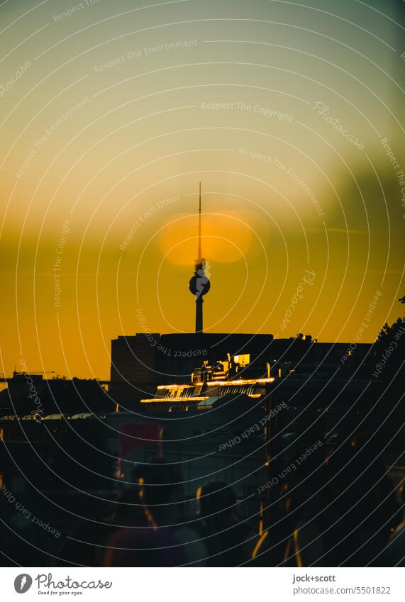 Landmark in the evening light Berlin TV Tower Capital city Double exposure Sky Silhouette Panorama (View) Sunlight Sunset Reaction Twilight Famousness Summer