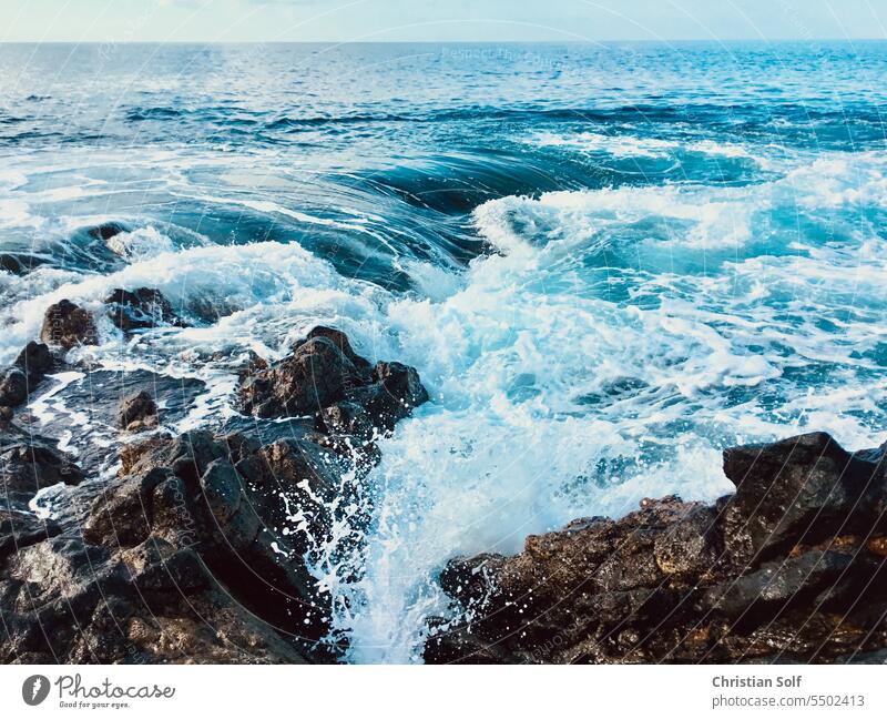 Atlantic Ocean near Tenerife - blue sea waves spray meets surf Water Waves Canary Islands Rock stones White crest Nature Landscape splash Blue Azure coast Spain