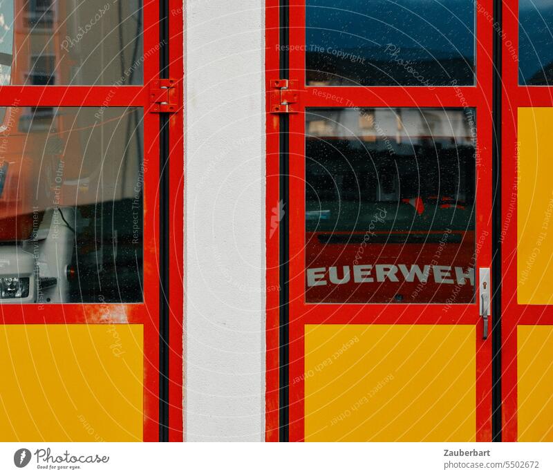 Fire department, gate in red and orange, behind it vehicle Red Orange Vehicle Goal Firehouse Highway ramp (entrance) Sharp-edged square Slice geometric Garage