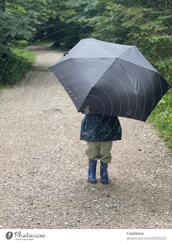 Rainy weather, little girl with umbrella Bad weather Wet Weather Water raindrops off stroll Rain wear Rain jacket Rubber boots Umbrella trees Forest Day