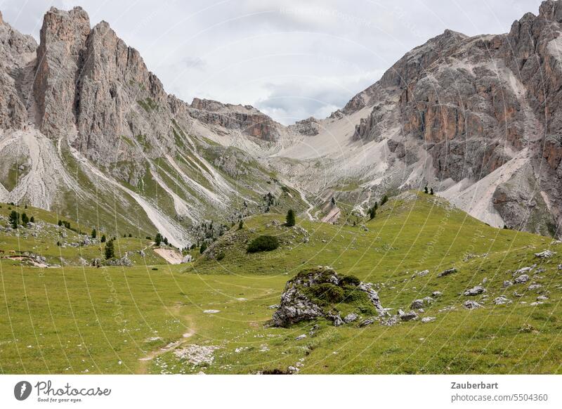 Mountain panorama, green meadow with rocks and trees, peak, saddle and scree field, sky with clouds mountain Alps Peak Clouds Green Landscape South Tyrol Hiking