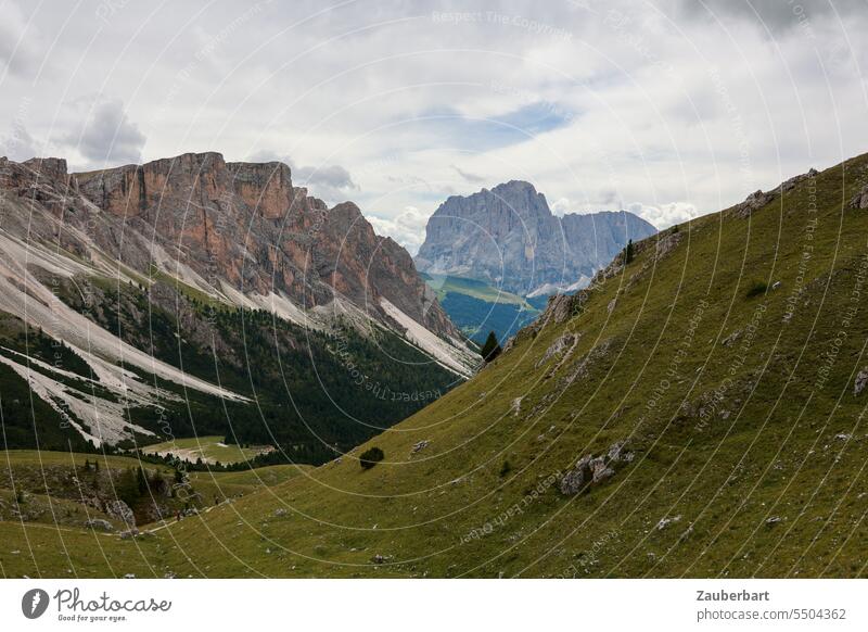 Mountain panorama, green meadow with hiking trail, sky with clouds mountain Alps Peak Clouds Green Landscape South Tyrol Hiking wanderlust Class outing