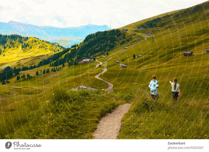 Mountain panorama, hiking trail with children, alpine pasture, idyll, green meadow, mountain panorama in background off Alps Peak Clouds Green Landscape