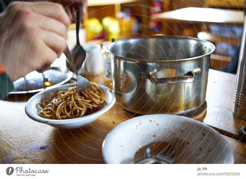 Spaghetti plate with pot pasta Noodles Eating Cooking food and drink Plate Pot Lunch Dinner Meal Carbohydrates Food Nutrition Dish Italian Healthy Kitchen