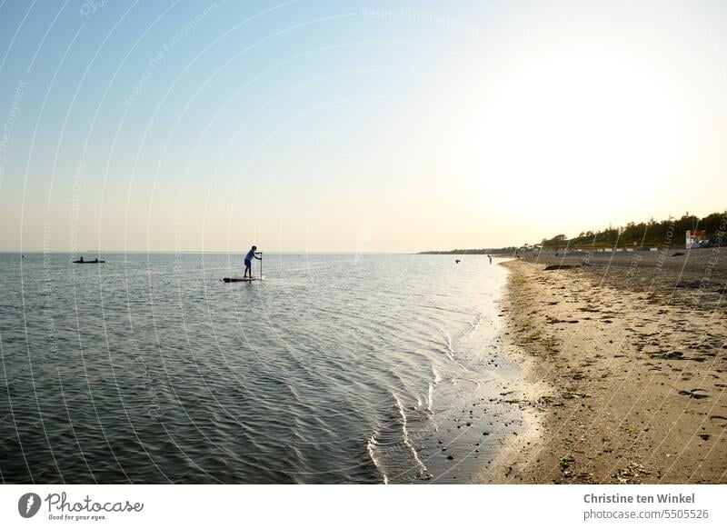 Summer evening at the North Sea Stand up paddling Beach Mud flats Ocean North Sea beach Back-light Vacation & Travel Beautiful weather sparkle Water Sunlight