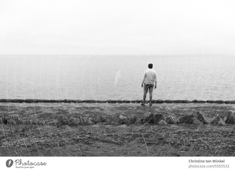 A man stands on the shore and looks at the sea Man Ocean Horizon coast Island Water North Sea Sky back view Exterior shot Vacation & Travel Relaxation stones