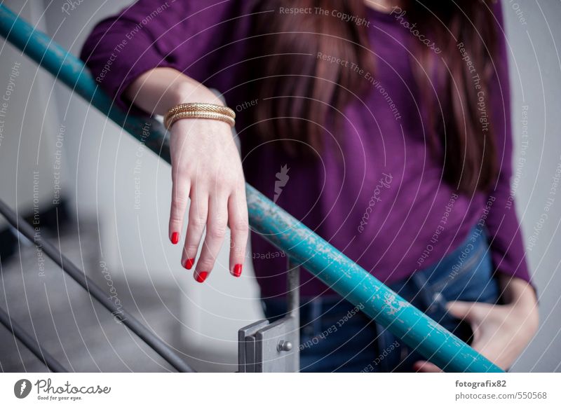 you look at me. Red-haired Long-haired Stand Wait Esthetic Brash Gray Violet Turquoise Staircase (Hallway) Bangle Nail polish Upper body Colour photo