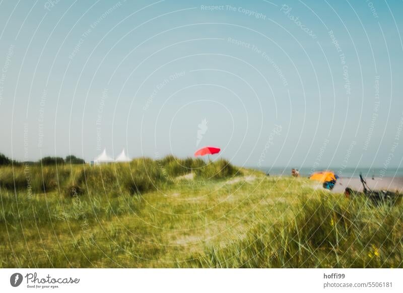 blurred view of red parasol on green dune by the sea Sunshade Lawn for sunbathing lido Swimming pool Summer Relaxation Beach Abstract blurred background