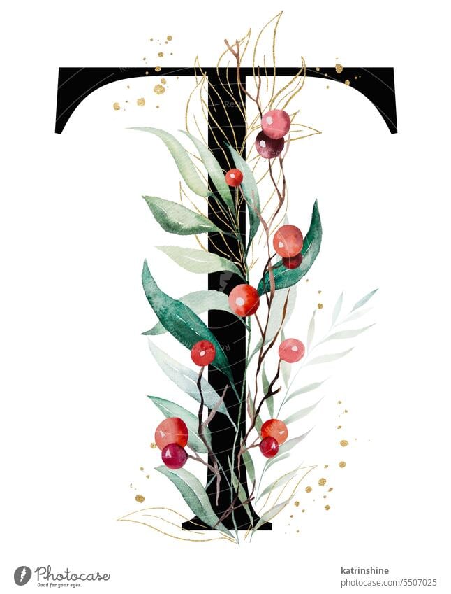 Black letter T with watercolor twigs with green and golden leaves and red berries, Christmas isolated Illustration Decoration Drawing Element Hand drawn Holiday