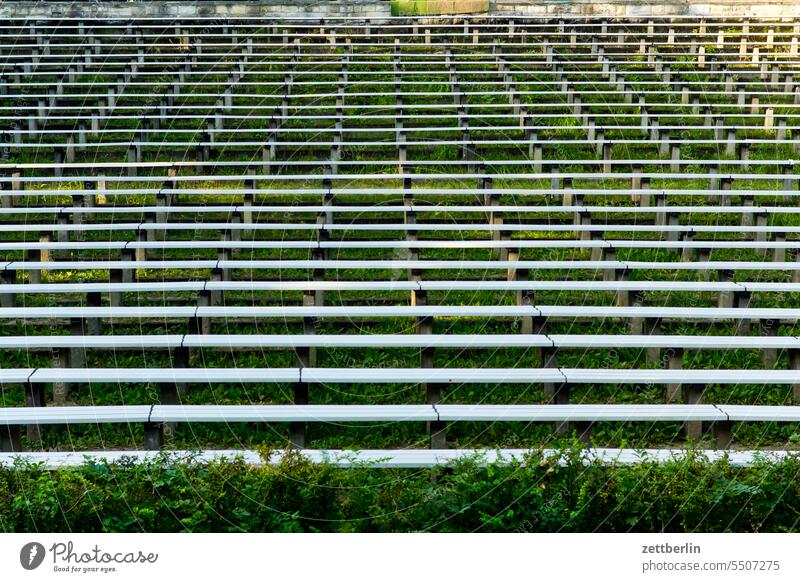 Benches in the open air stage Weissensee Berlin Stage open-air stage seat selection Row Seat bench Row of seats Chair Lake Weißensee spectators Auditorium