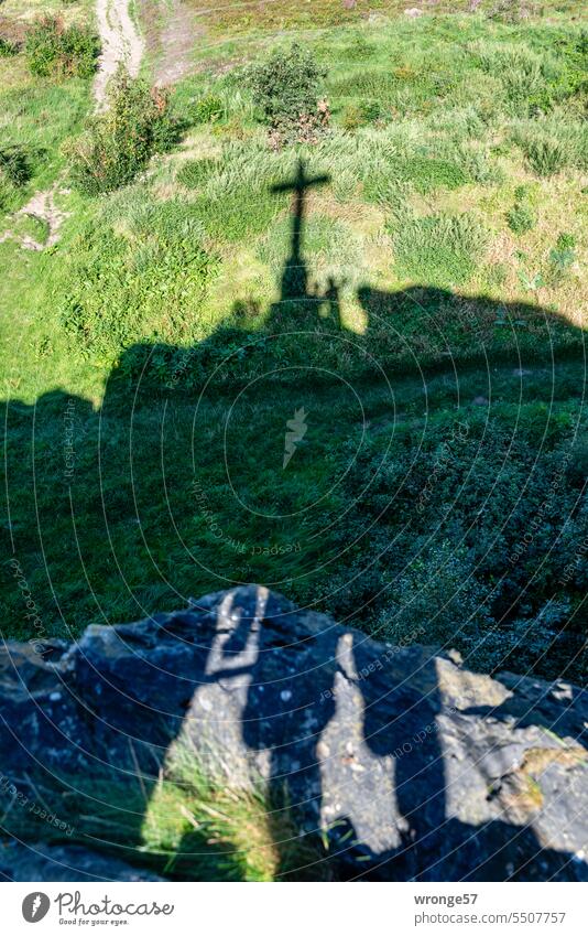 Selfie at the summit cross Peak cross summit forward Summit climb Shadow Shadow play Mountain Rock Exterior shot Hiking Landscape Colour photo Meadow