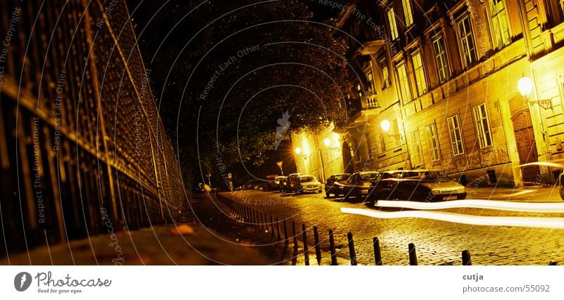 speed of light Night Calm Glittering Fence Street Floodlight Car Movement