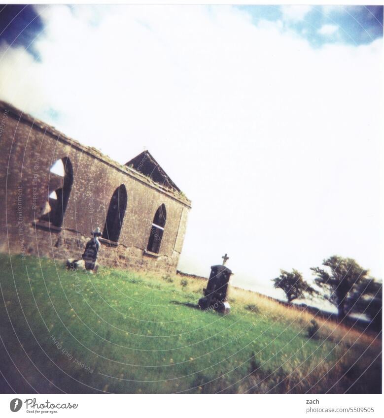 final journey Ireland Celtic cross Cross processing Slide Scan Holga End pass away Eternity Calm Stone Pain Belief Tomb Sadness Grave Funeral Grief Transience