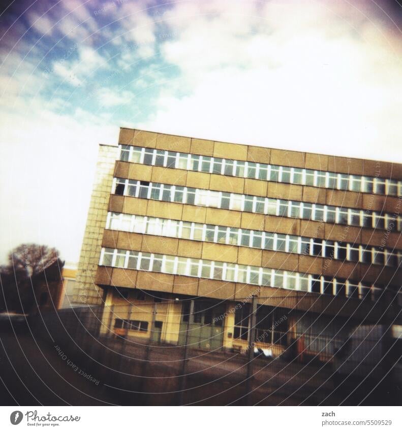 in inclined position Lomography Analog Sky Slide Holga Exterior shot Scan House (Residential Structure) Building Industry Prefab construction GDR architecture