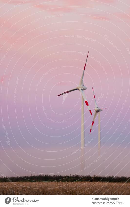 Lull. It is becoming autumn. Wind turbines stand motionless above a morning fog bank covering harvested fields. The dawn colors the clouds in the sky Autumn