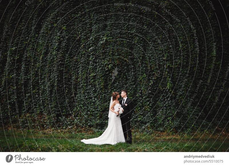 bride in a long white dress with a wedding bouquet along with a groom in a stylish suit after a wedding ceremony in front wall with green ivy young husband