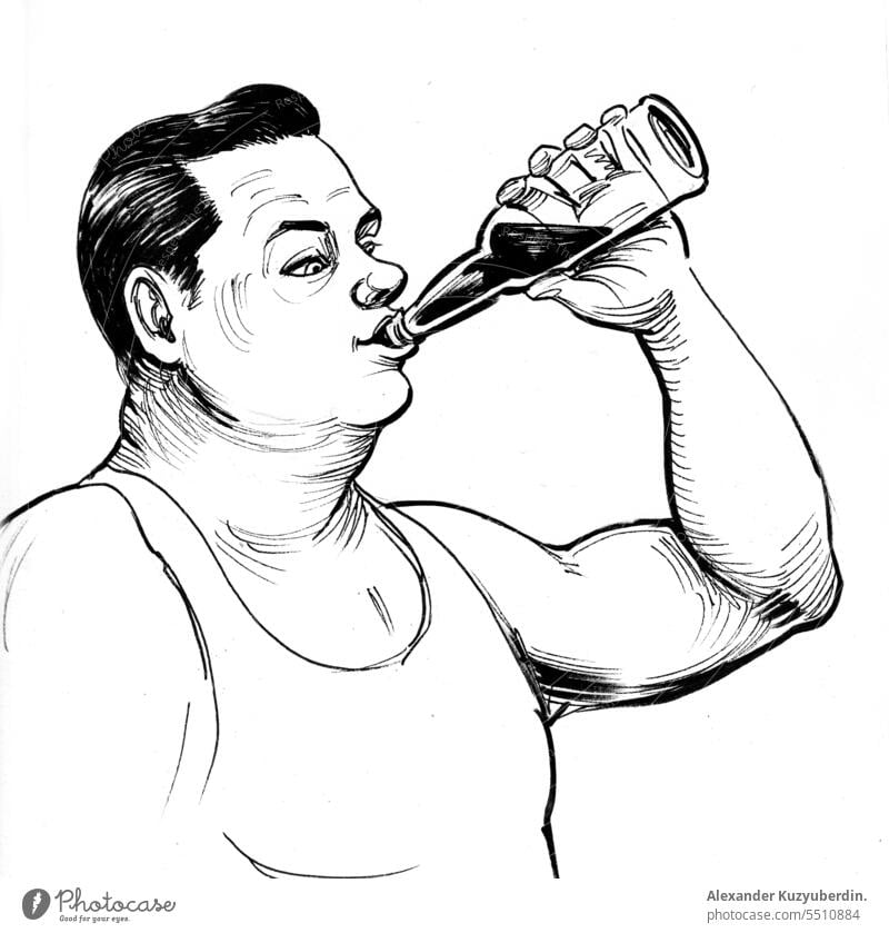 Fat man drinking beer. Ink black and white drawing alcoholism alcoholic drunk drunkard beer drinking unhealthy male character vintage retro art artwork sketch