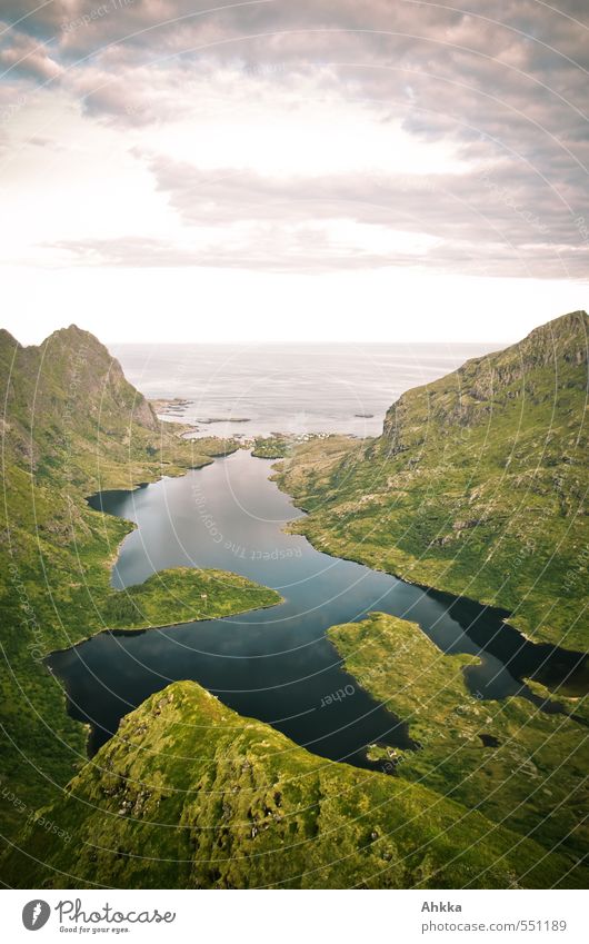 The lake rests still Senses Vacation & Travel Mountain Hiking Nature Landscape Clouds Peak Fjord Ocean Lake Observe Think Dream Moody Happy Self-confident