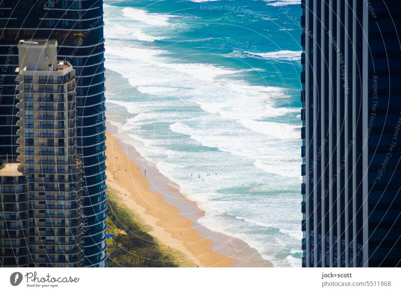 Sea between skyscrapers Pacific Ocean Beach Bird's-eye view Panorama (View) Queensland Australia Gold Coast Surfers Paradise High-rise Modern Pacific beach