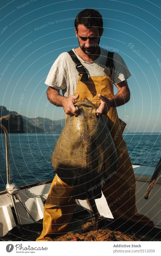 Hispanic fisherman with sea stingray on boat float hispanic fishing summer focus nature water vessel male spain soller mallorca marine transport yacht sail