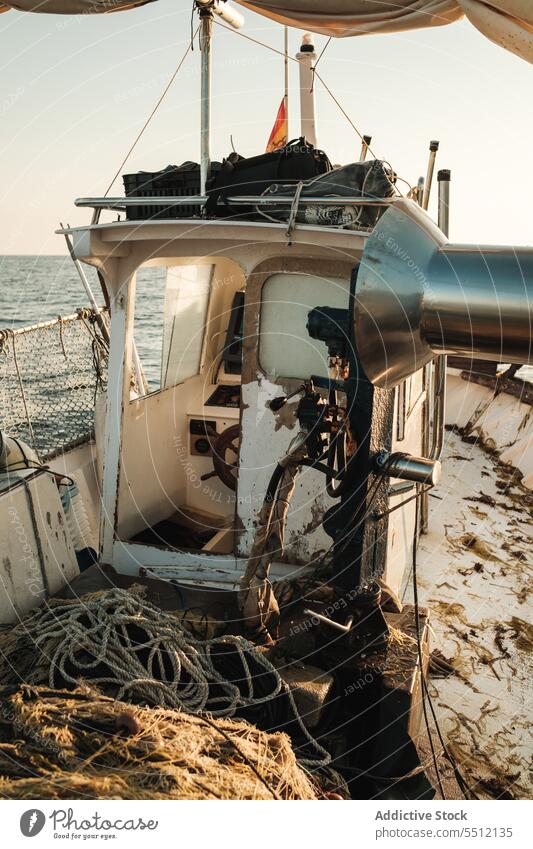 Small steering cabin of sailing boat fishing captain trawler deck net sea soller balearic islands mallorca tradition seine fish hunt schooner ship yacht