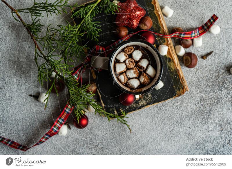 Mug of hot drink on book marshmallow christmas cocoa mug sweet beverage twig fir winter new year cacao dessert xmas holiday festive event coniferous occasion