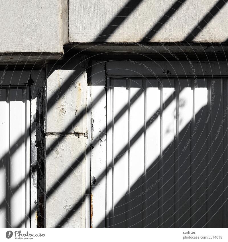 The shadows roam over the gate Garage Goal Sun Shadow Stripe Pattern Concrete Column Sudden fall Garage door Highway ramp (entrance) Closed Gloomy Building Gray