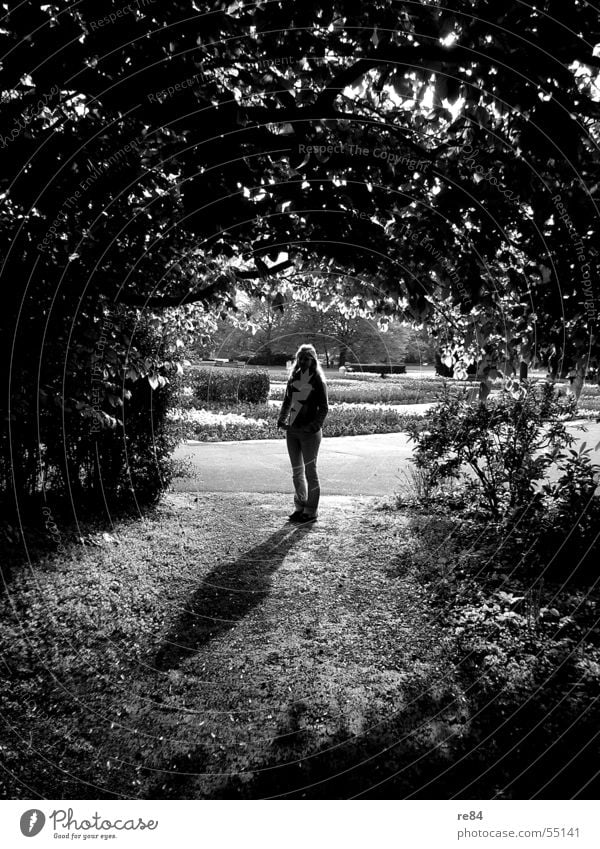 shadow games - hope stands at the end of the tunnel Tunnel Light Woman Tree Bushes Hope Entrance Stand Dark Bright Shadow Looking Plant Corner Sun Radiation