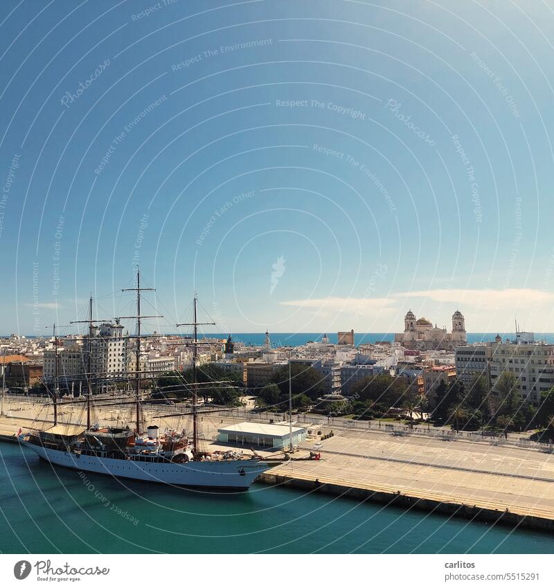 Big ship on a big trip | Port of Cadiz Sailing ship four-master Spain Harbour Town quay wall Navigation Water Port City Tourism Vacation & Travel Ocean Sailboat