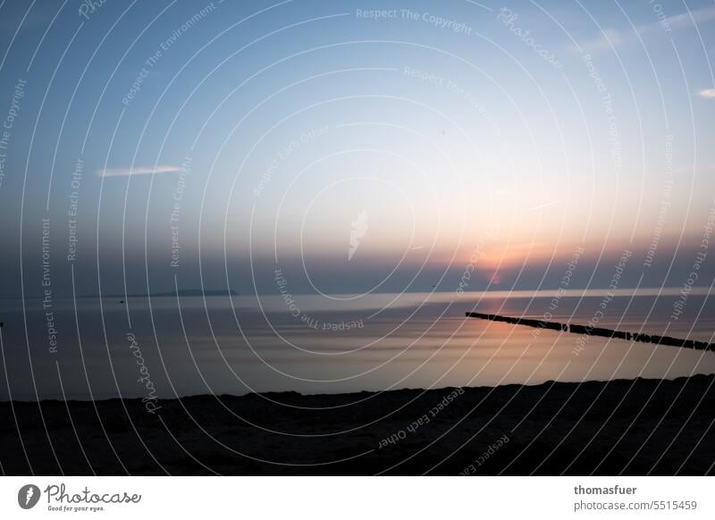 Quiet sunset by the sea with groynes Hope relaxation Enjoy the view wide Sunset Water Environment melancholy Vantage point Horizon Landscape Wanderlust