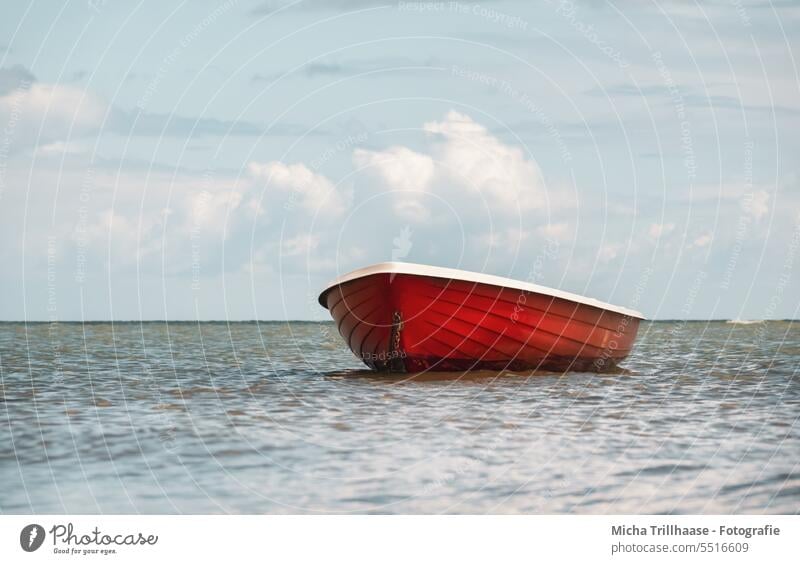 Boat in the sea boat Motor barge Ocean Baltic Sea Denmark Island Langeland Waves Horizon Landscape Nature Sky Clouds Sun sunshine vacation travel Tourism Water