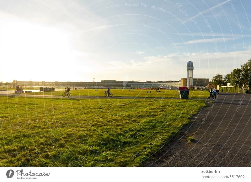 Tempelhof Field Evening Berlin Twilight Closing time Far-off places Trajectory Airport Airfield Freedom Spring Sky Horizon Deserted taxiway Skyline Summer