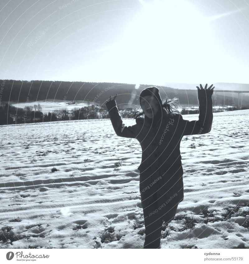 sun worshippers Sunbathing Winter Thuringia Field Woman Action Highlands Far-off places Panorama (View) Crazy Jump Scream Sky Lighting Warmth