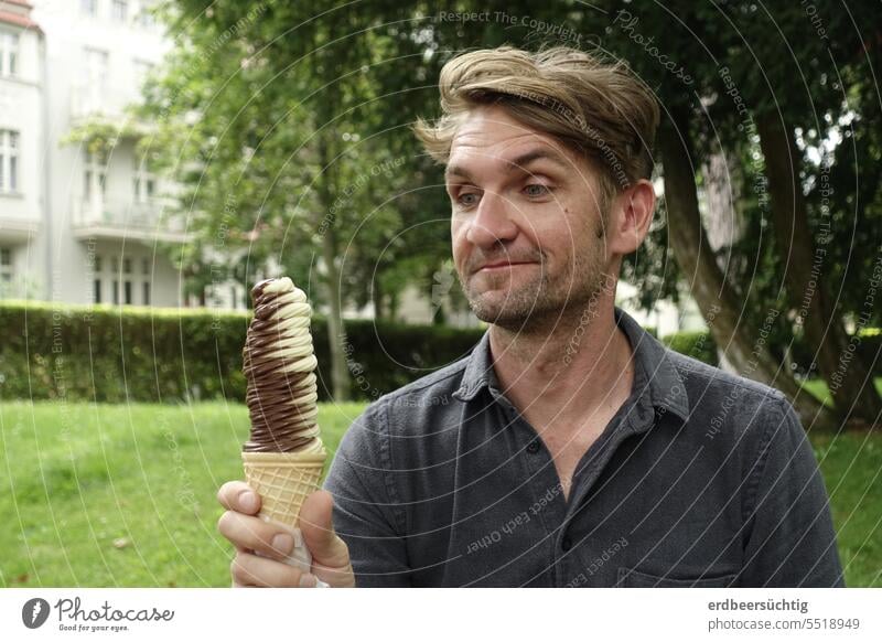 BegEIStert - Man looks full of anticipation at his huge ice cream Ice Candy Summer Summer vacation Joy Anticipation Smiling appetizing Exterior shot Waffle