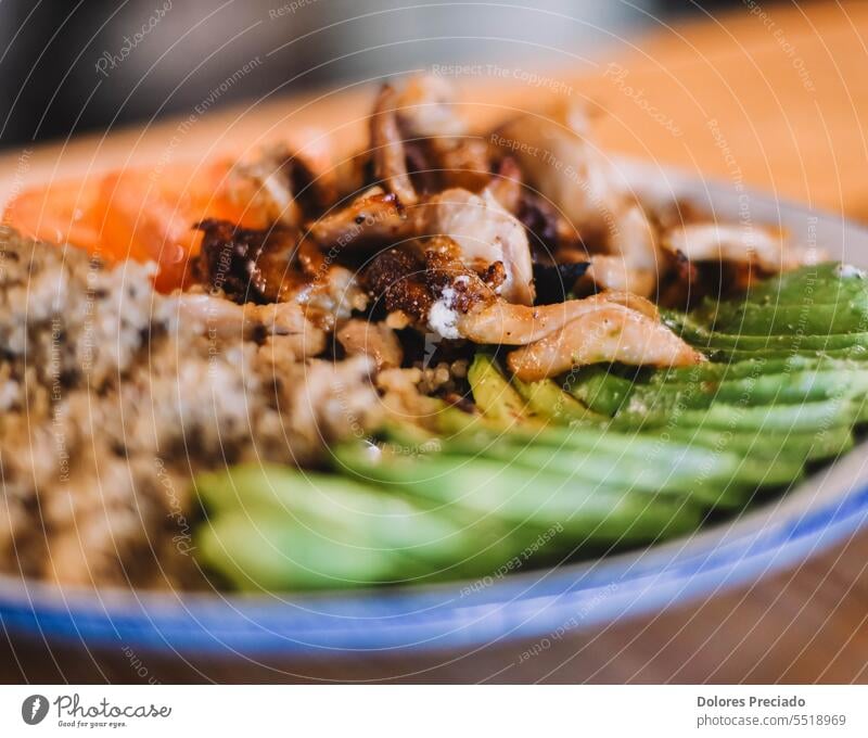 Quinoa dish with avocado, tomato and chicken appetizer background balanced bowl breast brussel colorful cuisine culinary delicious diet dinner eating fillet