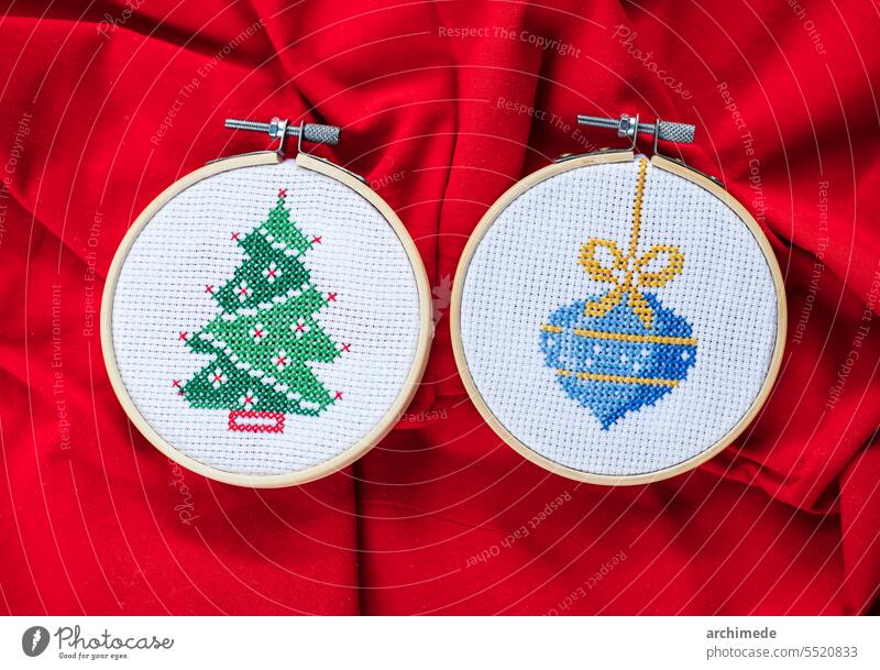 Handmade cross-stitch Christmas decoration art beautiful celebration christmas christmas tree close up cloth craft creativity decorative design diy fabric fest